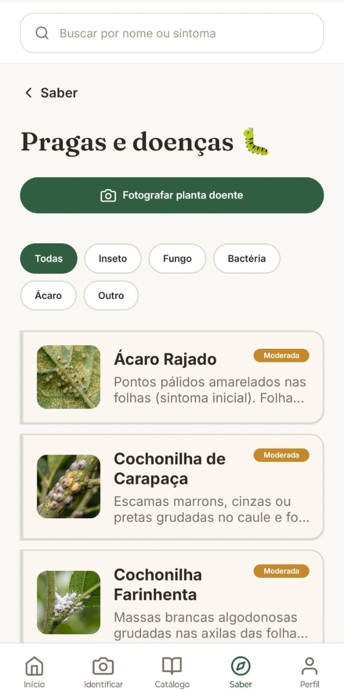 Tela do PomarApp: diagnóstico de pragas e doenças